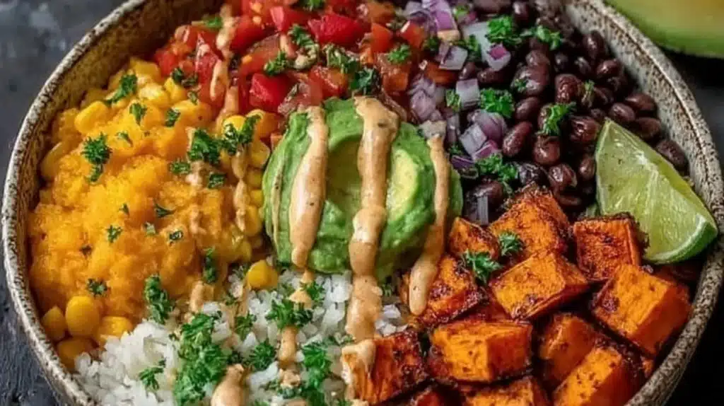 Vegan sweet potato burrito bowl with fresh ingredients and vibrant toppings