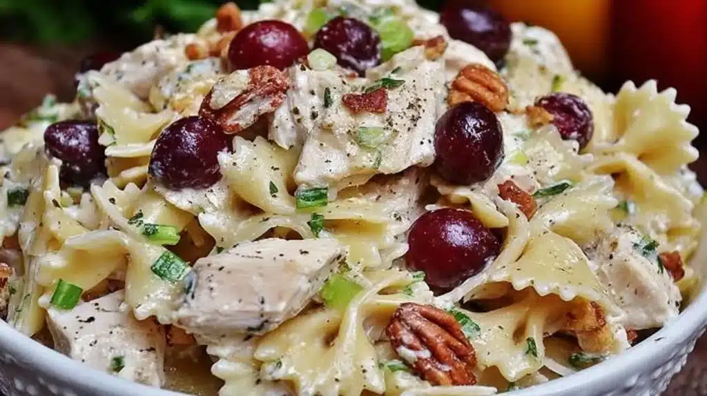 Waldorf Chicken Pasta Salad with chicken, grapes, and pasta in a bowl