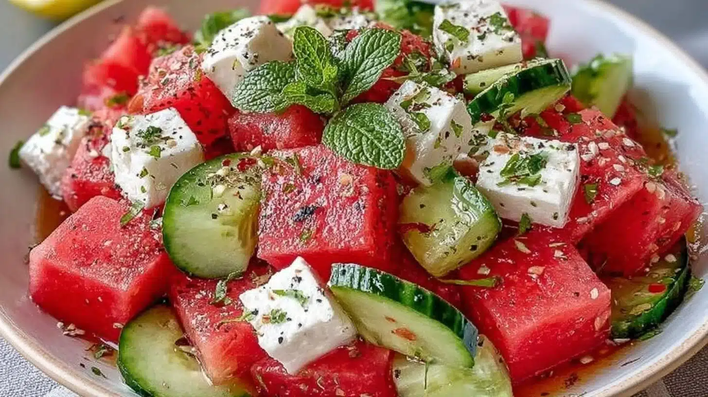 Watermelon cucumber salad with feta cheese in a bowl