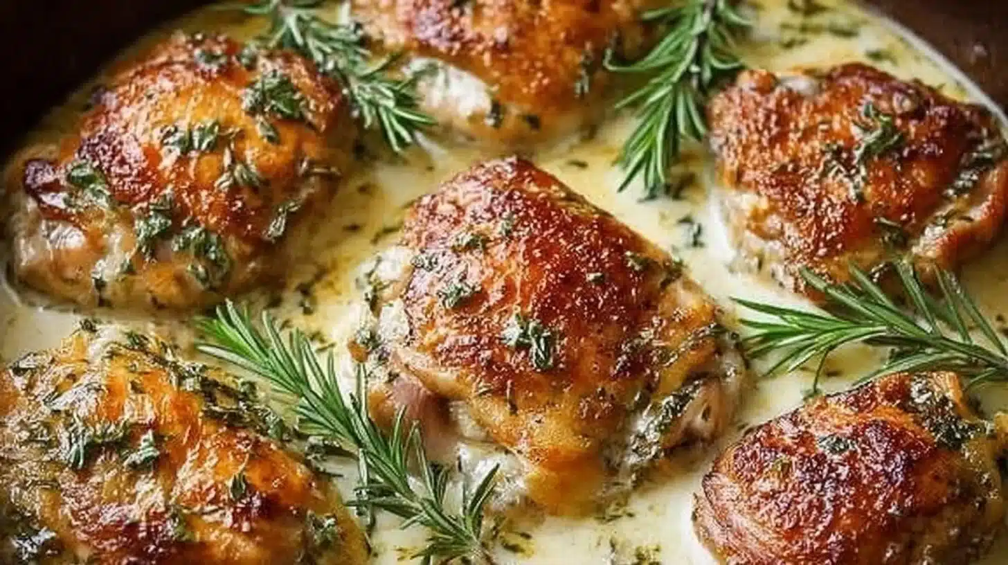 Delicious white wine chicken thighs garnished with herbs on a plate