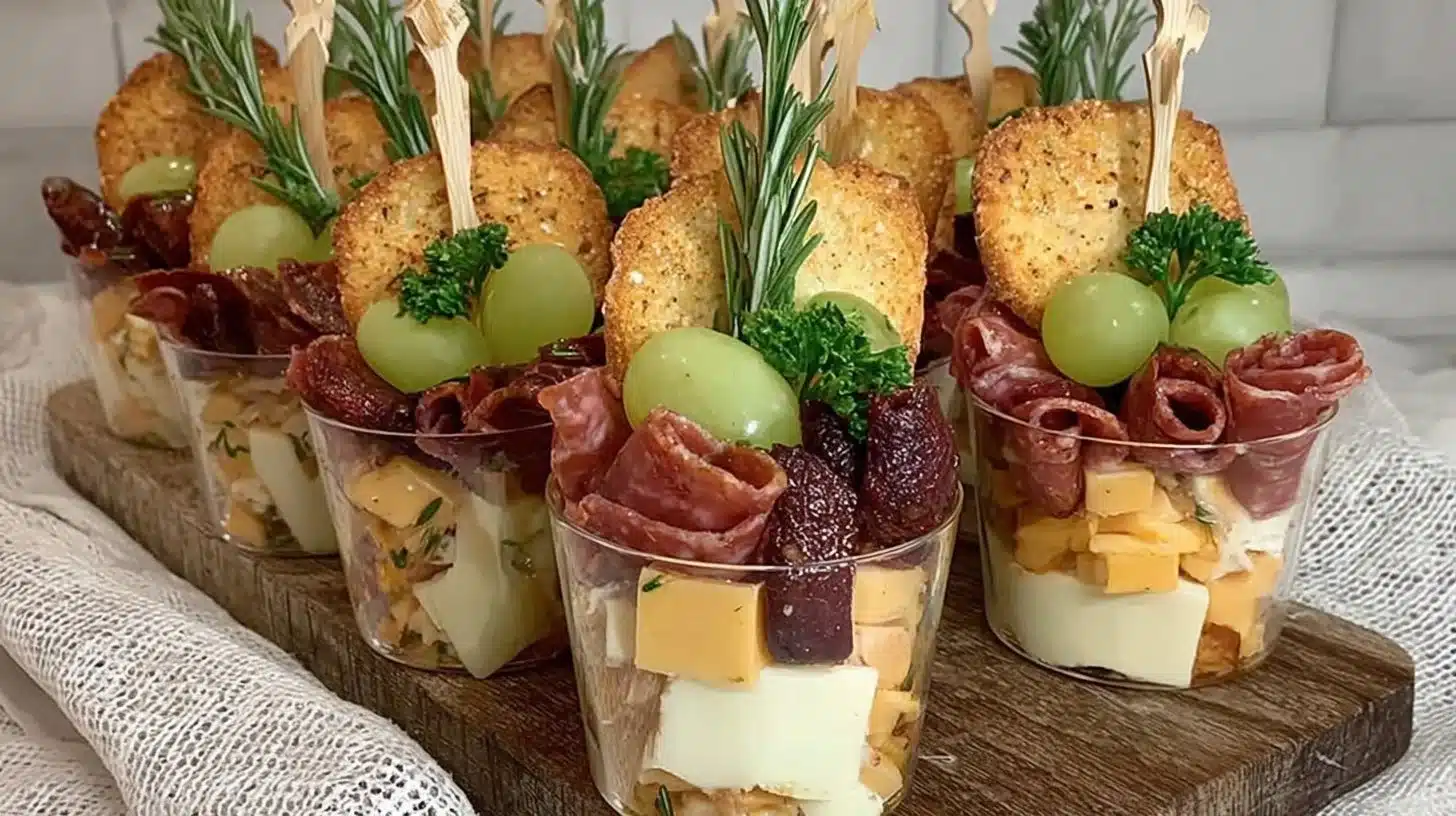 Delicious charcuterie cups filled with meats, cheeses, and fresh fruits.