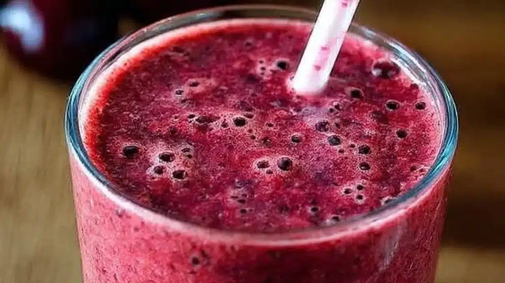 Cherry spinach smoothie in a glass, garnished with fresh cherries and spinach leaves.