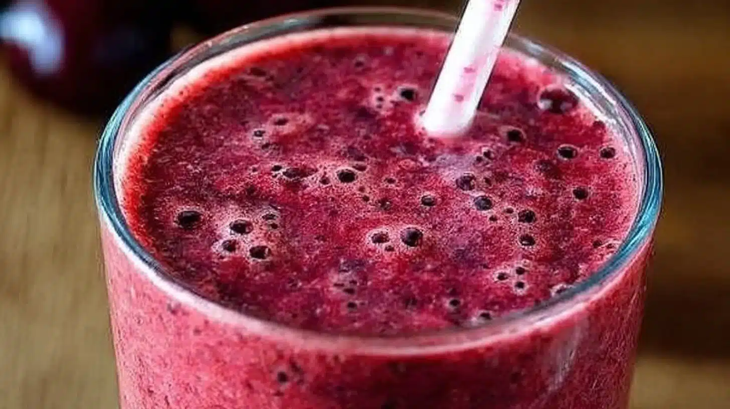 Cherry spinach smoothie in a glass, garnished with fresh cherries and spinach leaves.