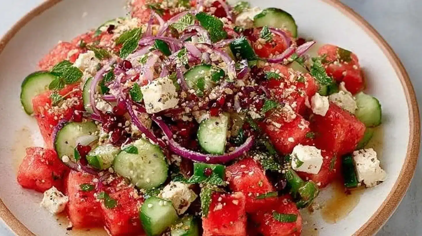 Chilled Watermelon Feta Salad with Cucumber & Mint 1 Chilled watermelon feta salad with cucumber and fresh mint leaves