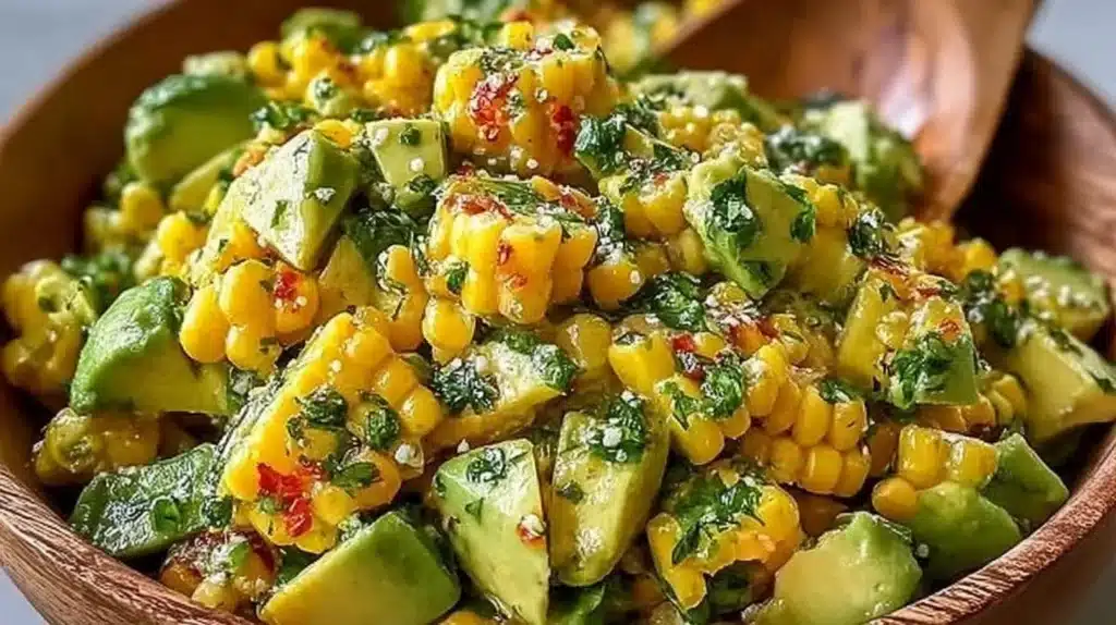 Creamy Corn Avocado Salad garnished with fresh herbs and served in a bowl