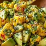 Creamy Corn Avocado Salad garnished with fresh herbs and served in a bowl