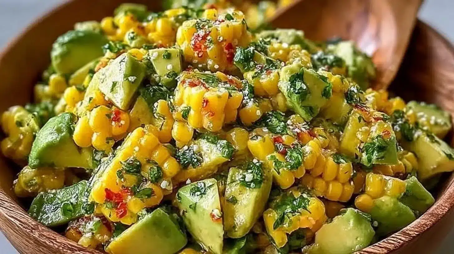 Creamy Corn Avocado Salad garnished with fresh herbs and served in a bowl