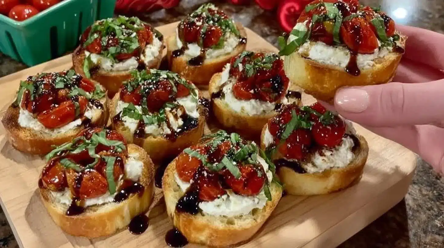 Creamy ricotta crostini topped with roasted tomatoes and basil on a wooden board