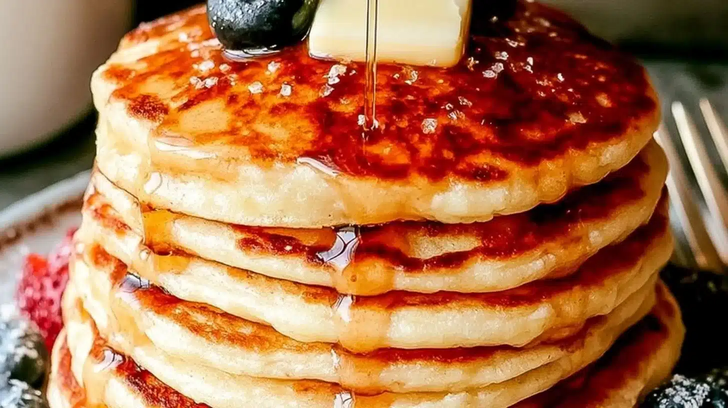 Fluffy Buttermilk Pancakes Recipe for Easy Homemade Breakfast 1 Fluffy buttermilk pancakes stacked with syrup and berries