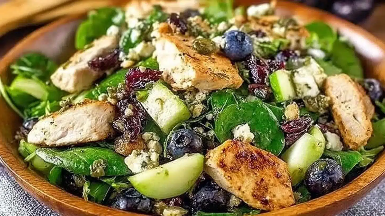 Protein-Packed Chicken Blueberry Feta Salad Recipe 1 Protein-packed chicken blueberry feta salad in a bowl garnished with fresh greens