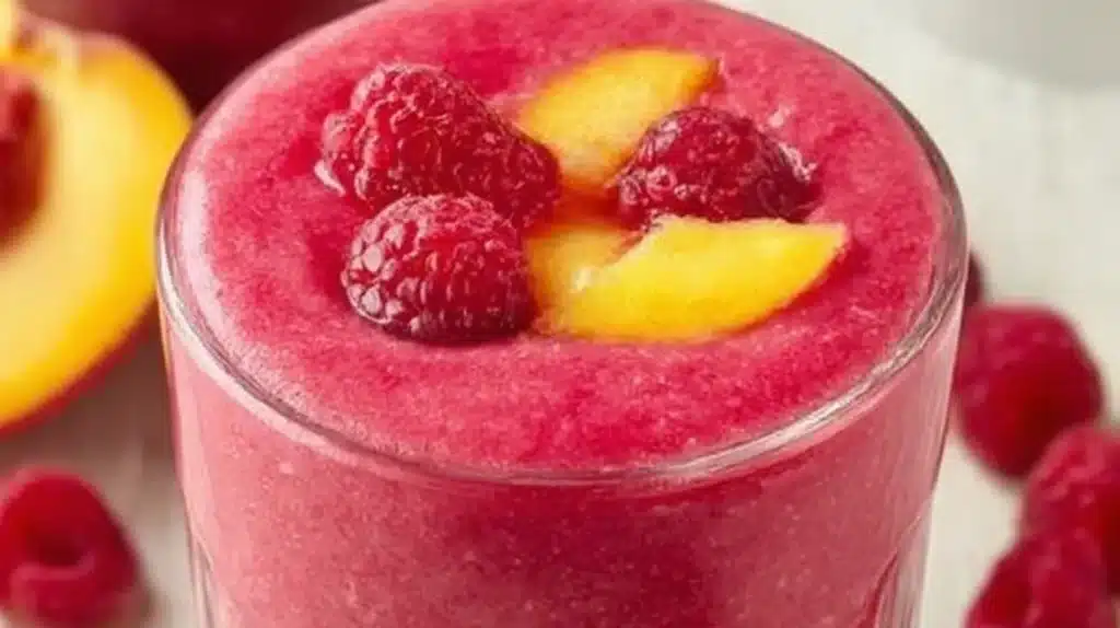 A refreshing Raspberry Peach Smoothie garnished with fresh raspberries and peaches.