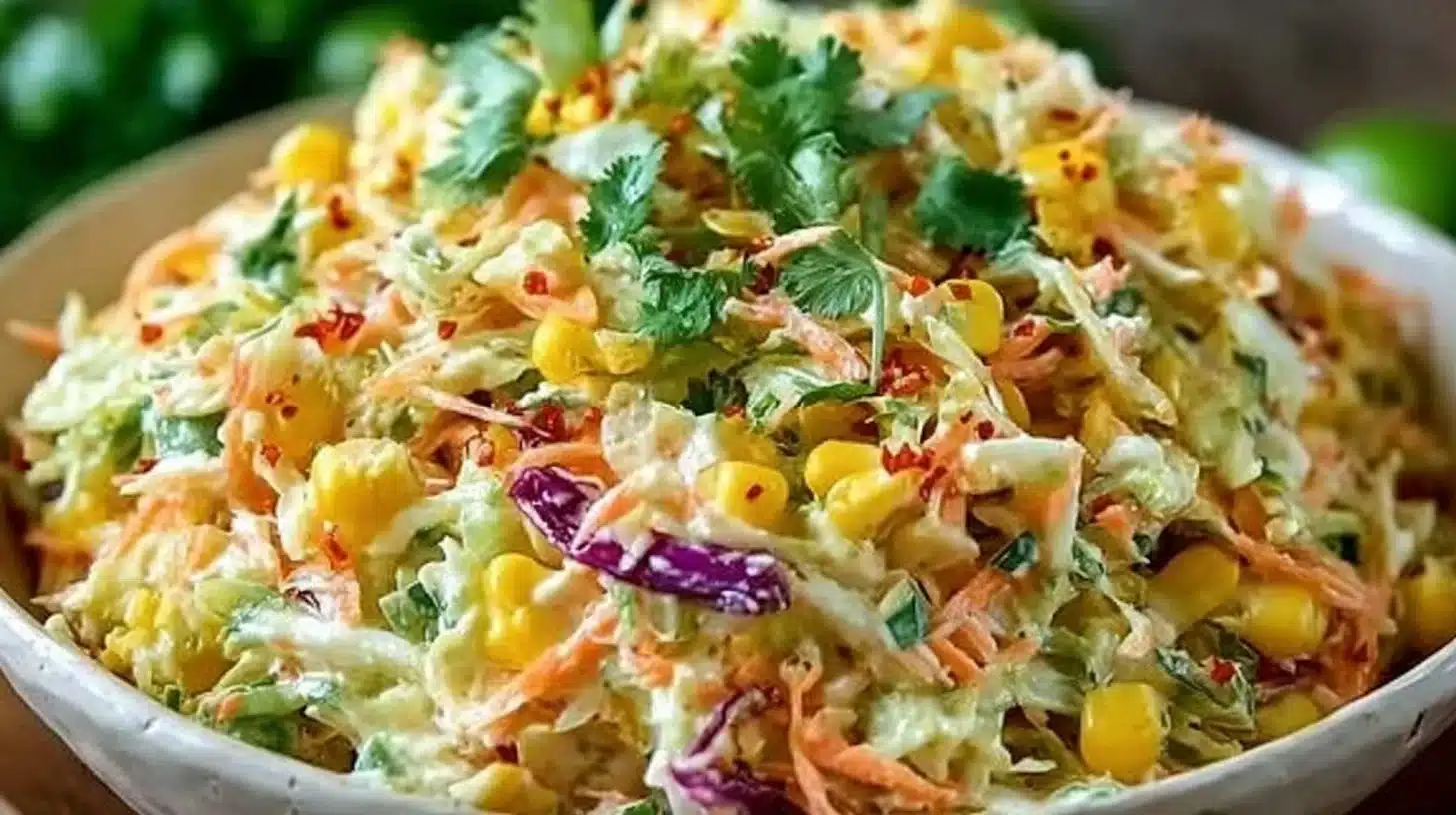 How to make Spicy Corn Slaw? 1 Bowl of spicy corn slaw with fresh ingredients and vibrant colors