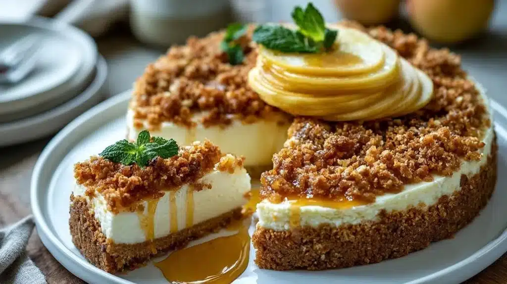 Delicious Apple Crisp Cheesecake with creamy filling and crunchy topping