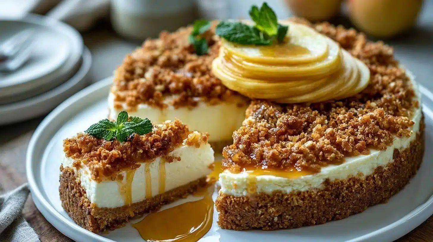 Apple Crisp Cheesecake Recipe: Creamy Center, Crunchy Topping 1 Delicious Apple Crisp Cheesecake with creamy filling and crunchy topping