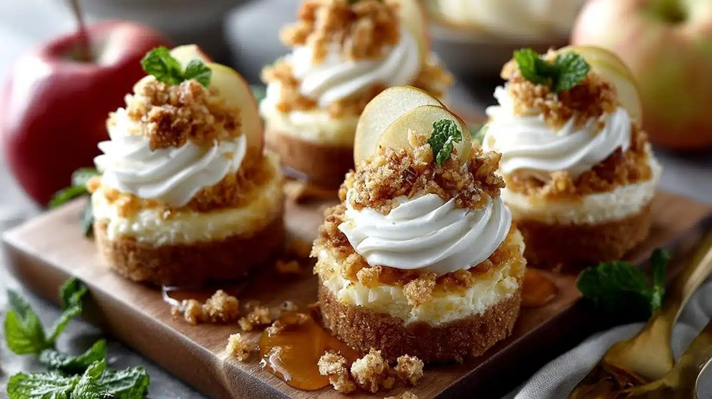 Apple Crisp Mini Cheesecake Bites - Easy Autumn Dessert Cups 1 Delicious Apple Crisp Mini Cheesecake Bites served in dessert cups