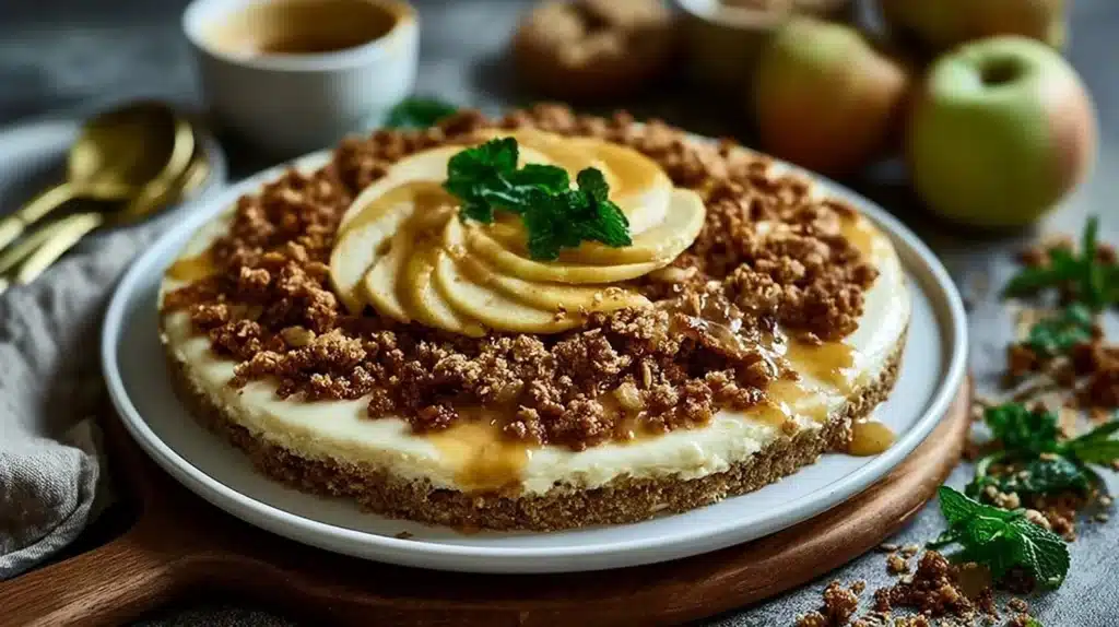 Delicious apple crumble cheesecake topped with a crispy crumble layer.