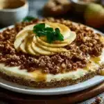 Delicious apple crumble cheesecake topped with a crispy crumble layer.
