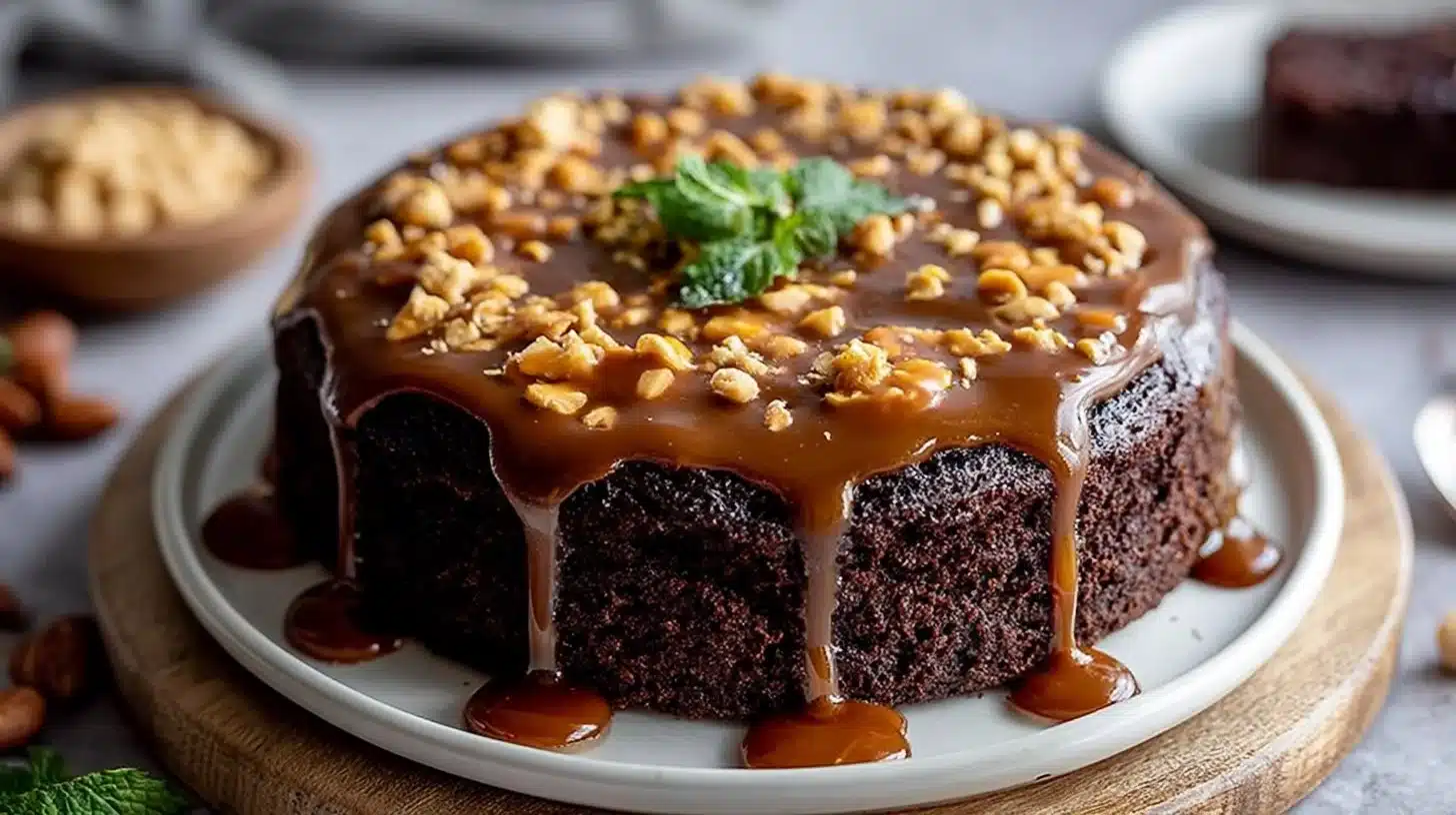 Delicious chocolate caramel cake with peanut topping