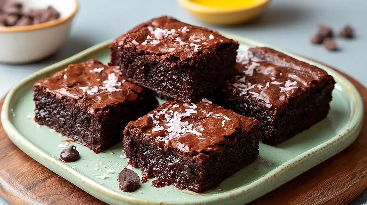 Best-Ever Fudgy Chocolate Brownies Recipe for Rich Gooey Bars 1 Delicious fudgy chocolate brownies on a parchment paper background