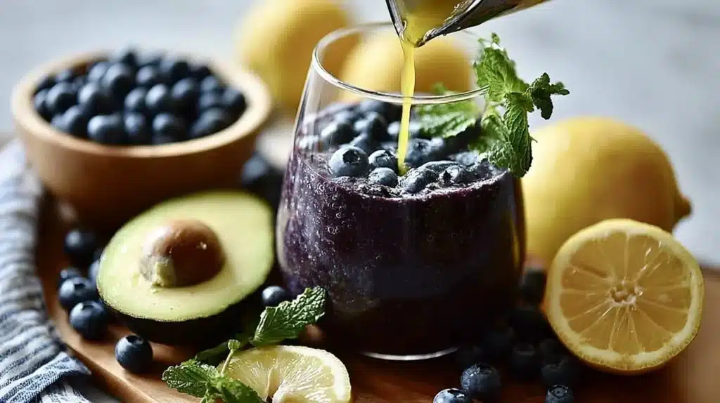 Blueberry Avocado Smoothie with lemon served in a glass