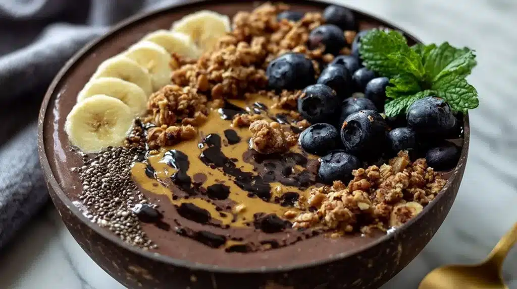 Delicious blueberry smoothie bowl topped with fresh fruit and granola