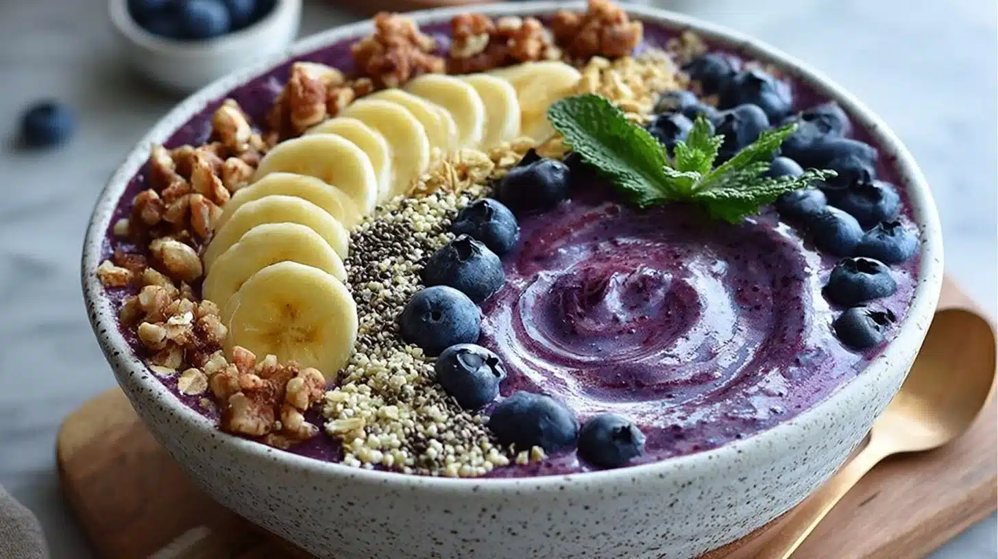 How to make Blueberry Smoothie Bowl? 1 Delicious blueberry smoothie bowl topped with fresh berries and granola
