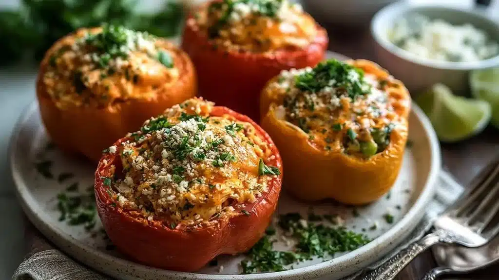 Buffalo Chicken Stuffed Peppers garnished with cheese and herbs on a plate
