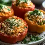 Buffalo Chicken Stuffed Peppers garnished with cheese and herbs on a plate