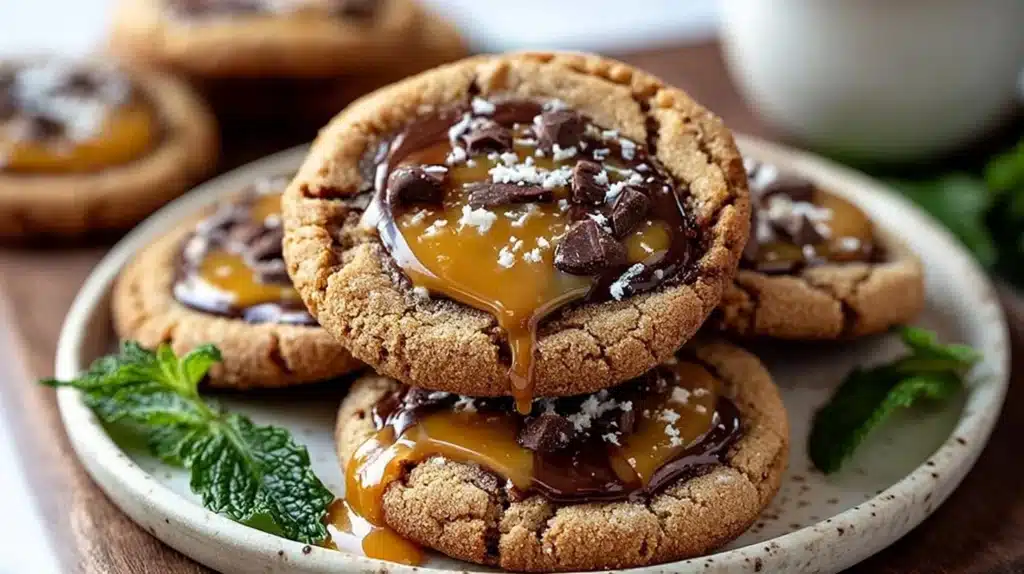 Freshly baked Chocolate Caramel Cookies with gooey caramel center and chocolate chunks