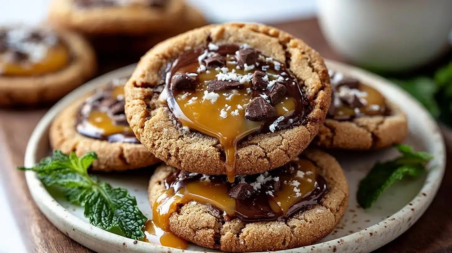 How to make Chocolate Caramel Cookies? 1 Freshly baked Chocolate Caramel Cookies with gooey caramel center and chocolate chunks
