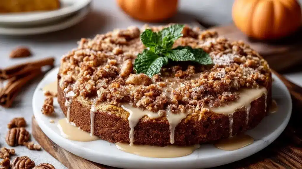 Slice of Cinnamon Streusel Pumpkin Coffee Cake on a plate