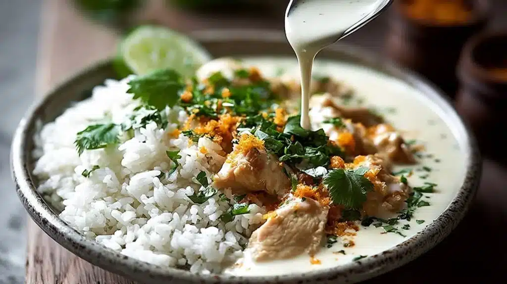 Coconut Chicken Rice Bowl with tender chicken and fragrant rice