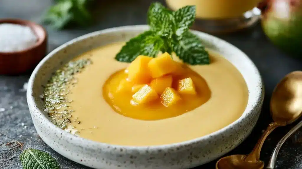 Delicious creamy mango smoothie in a glass with fresh mango slices
