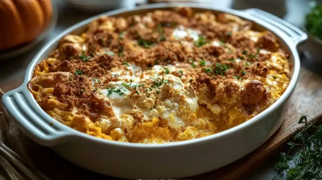 Creamy oven-baked pumpkin casserole with sage and nutmeg in a baking dish