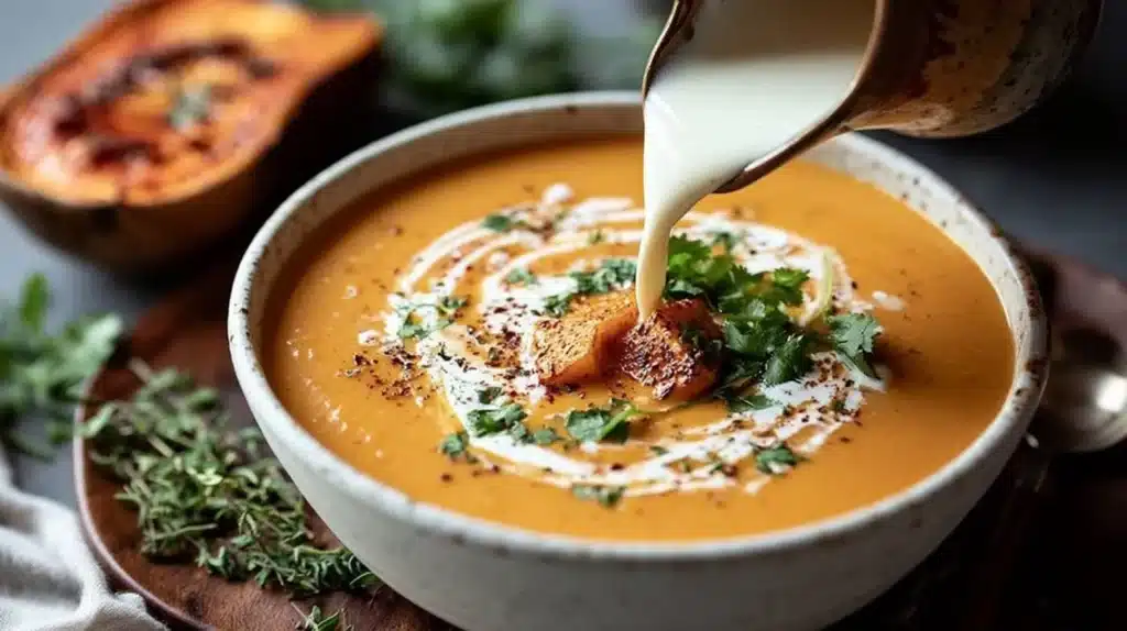 Bowl of creamy pumpkin and sweet potato soup garnished with herbs