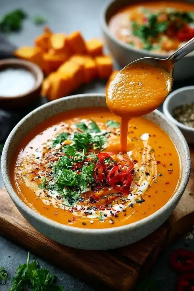 Bowl of creamy sweet potato red pepper soup garnished with herbs and spices.