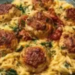 Creamy Tuscan chicken meatballs with orzo and basil in a bowl.