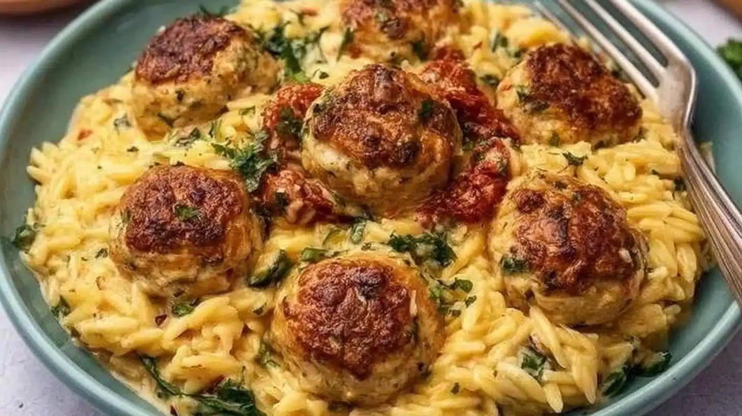 Creamy Tuscan Chicken Meatballs with Orzo and Basil 1 Creamy Tuscan chicken meatballs with orzo and basil in a bowl.