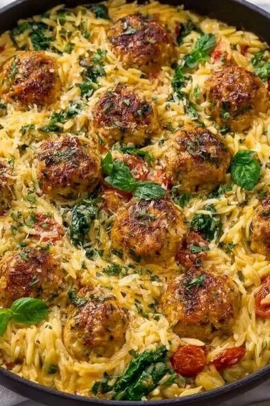 Creamy Tuscan Chicken Meatballs with Orzo and Basil 2 Tuscan Chicken Meatballs and Orzo