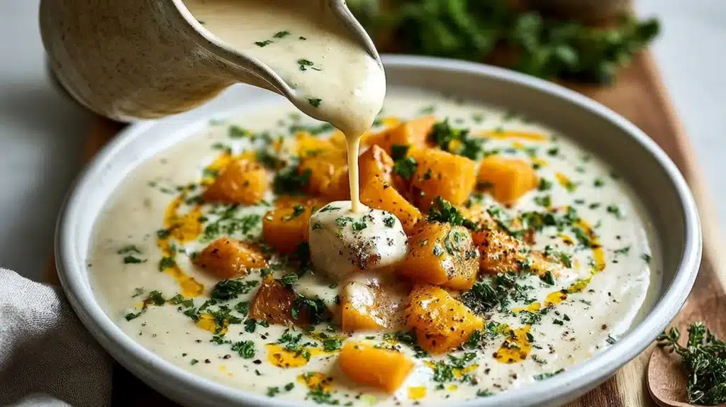Creamy vegan butternut squash bake topped with herbs and spices