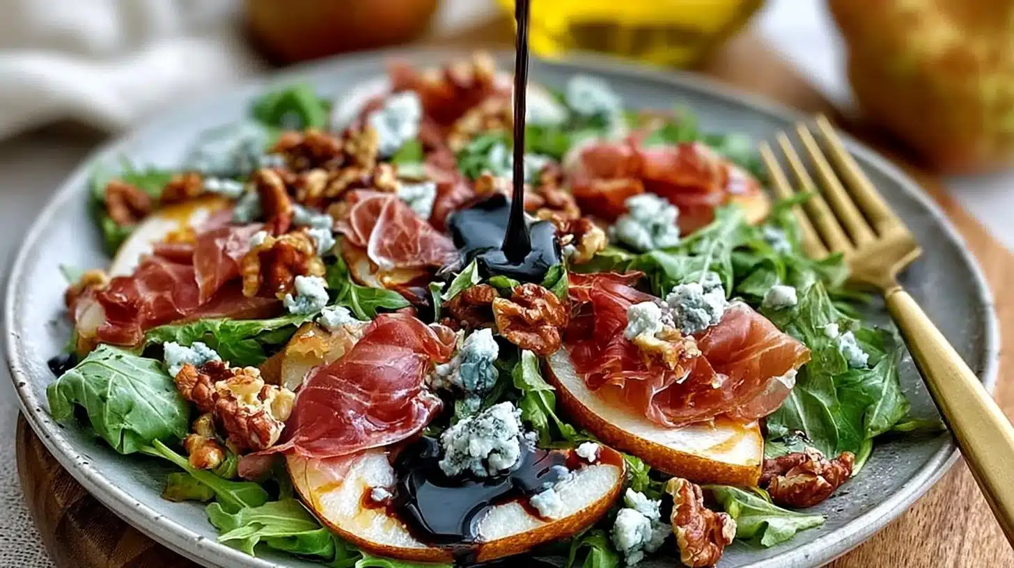 Crisp Pear and Prosciutto Salad with Baby Arugula and Walnuts 1 Crisp pear prosciutto salad with baby arugula and walnuts