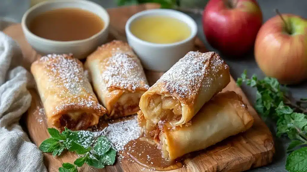 Crispy apple pie egg rolls with warm cinnamon filling served on a plate