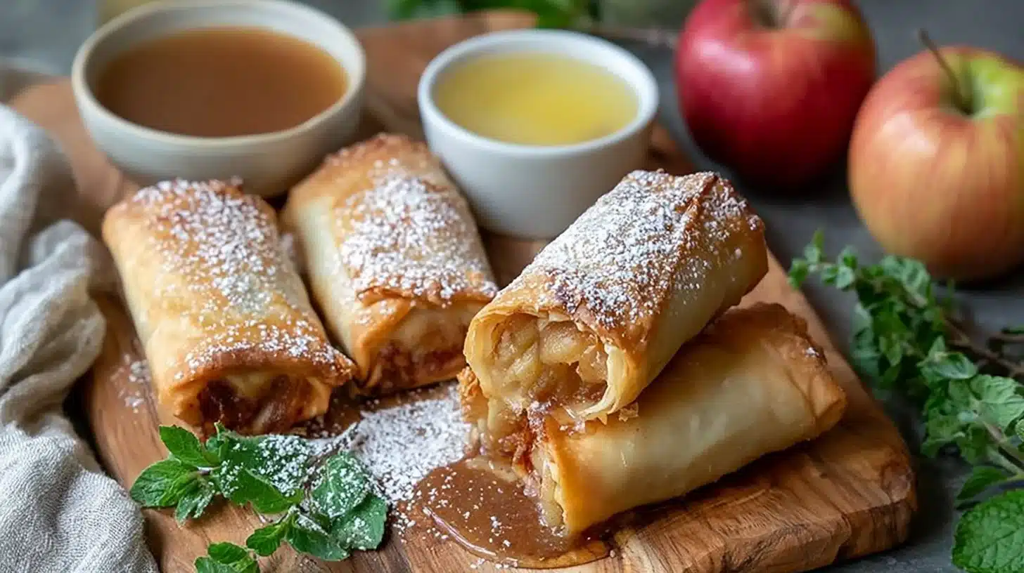Crispy apple pie egg rolls with warm cinnamon filling served on a plate