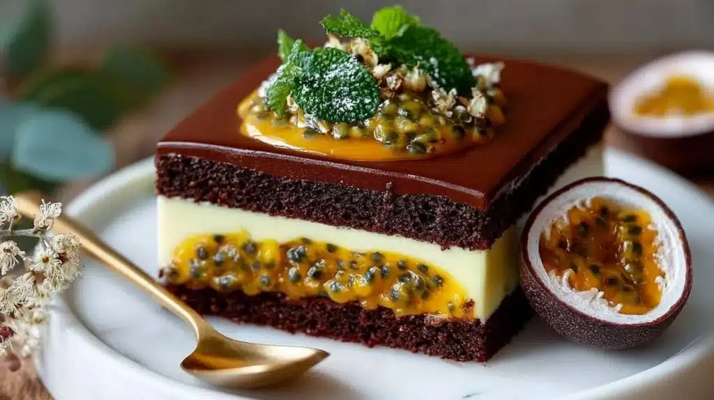 Decadent Chocolate Passion Fruit Entremet Cake with layers of chocolate and passion fruit mousse