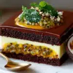 Decadent Chocolate Passion Fruit Entremet Cake with layers of chocolate and passion fruit mousse