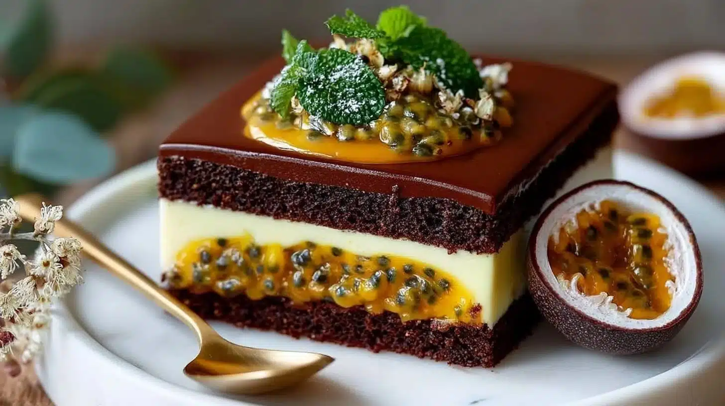 Decadent Chocolate Passion Fruit Entremet Cake Recipe 1 Decadent Chocolate Passion Fruit Entremet Cake with layers of chocolate and passion fruit mousse
