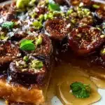 Delicious pistachio fig tarte tatin topped with salted honey glaze.