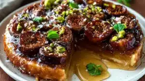 Decadent Salted Honey Pistachio Fig Tarte Tatin Recipe Delicious pistachio fig tarte tatin topped with salted honey glaze.
