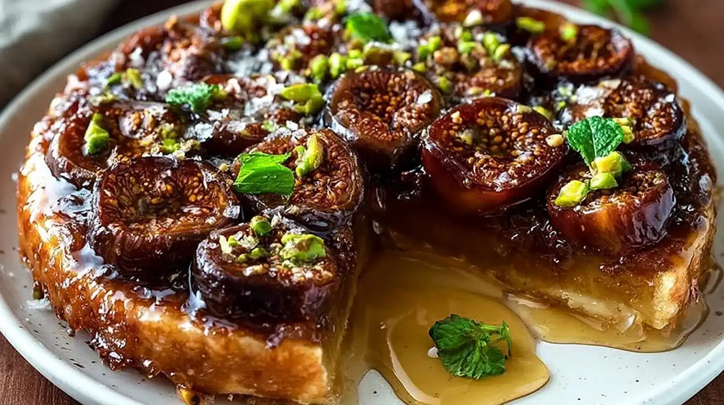 Decadent Salted Honey Pistachio Fig Tarte Tatin Recipe 1 Delicious pistachio fig tarte tatin topped with salted honey glaze.