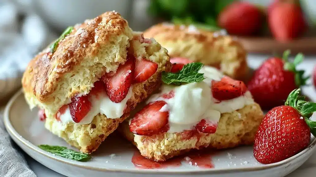Freshly baked strawberries and cream scones on a plate